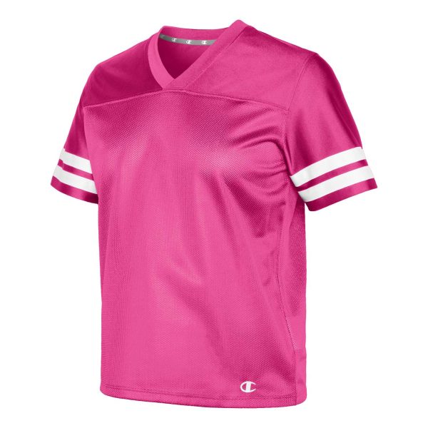 hot pink Champion Fan Jersey, front three-quarters view