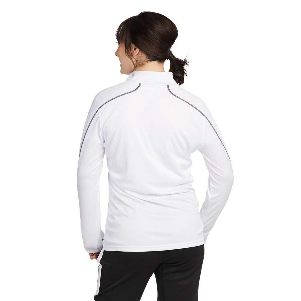 model posing in a white Pennant Conquest Quarter Zip, back view