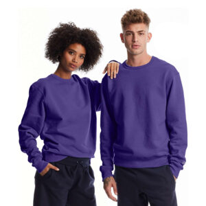 male and female model wearing purple Champion Powerblend Fleece Crew Neck sweatshirt, front view