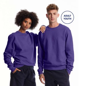 male and female model wearing purple Champion Powerblend Fleece Crew Neck sweatshirt, front view