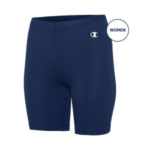 navy Champion Double Dry Compression 5" Short, front three-quarters view