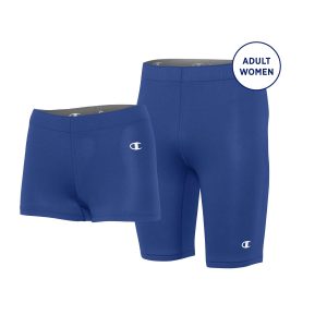 Women's and Men's royal Champion Raceday Compression Short, front three-quarters view