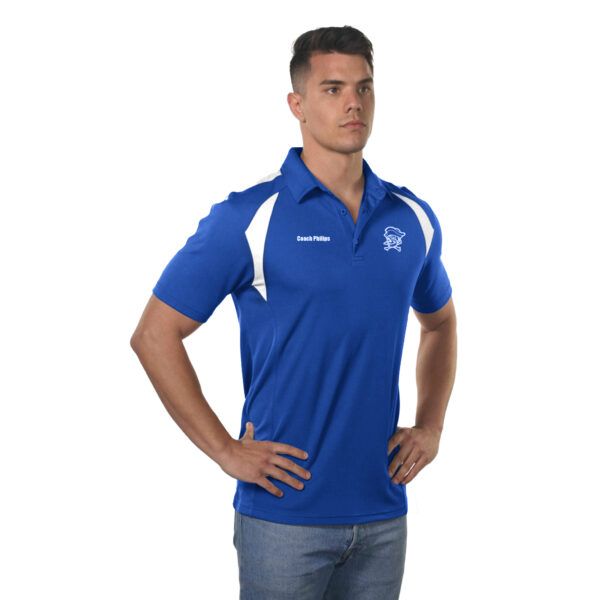 men's royal/white Tonix Spirit Polo with model, front three-quarters view