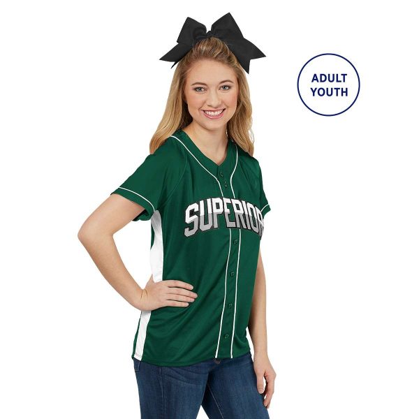 model wearing green and white Augusta Slugger Jersey, front three-quarters view