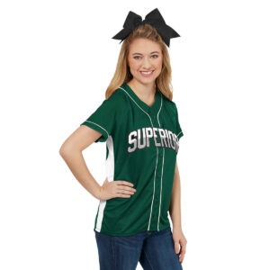 model wearing green and white Augusta Slugger Jersey, front three-quarters view