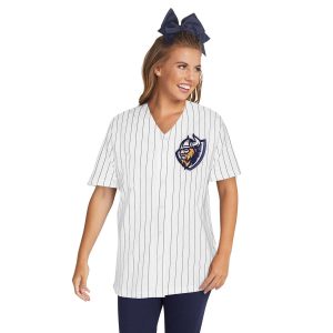 cheer model wearing a decorated Augusta Pinstripe Full-Button Jersey, front view