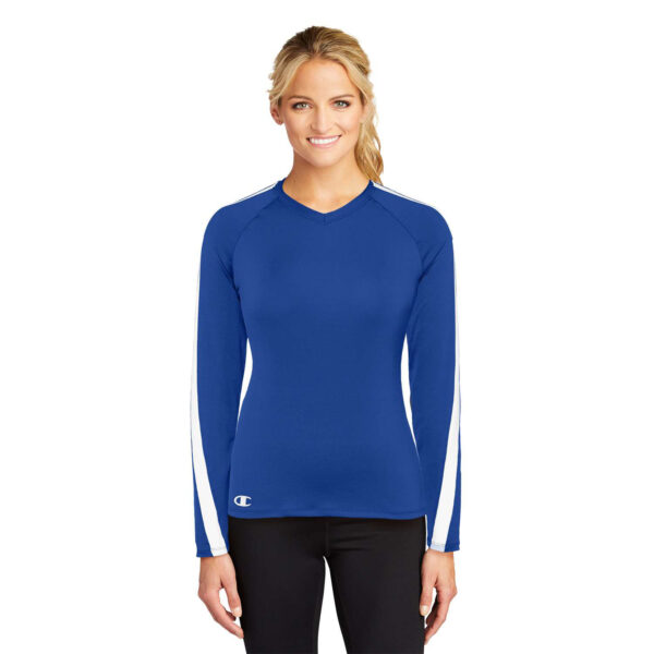 smiling model in a royal/white Champion Side Out Jersey, front view