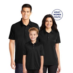 three models wearing black Champion Essential Polos, front view