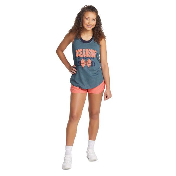 model posing in coral Augusta Wayfarer Cheer Shorts and grey tank top, front view