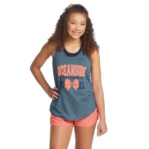 model posing in a decorated Augusta Lux Tri-Blend Tank, front view