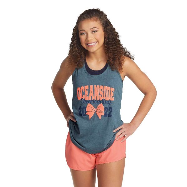model posing in a decorated Augusta Lux Tri-Blend Tank, front view