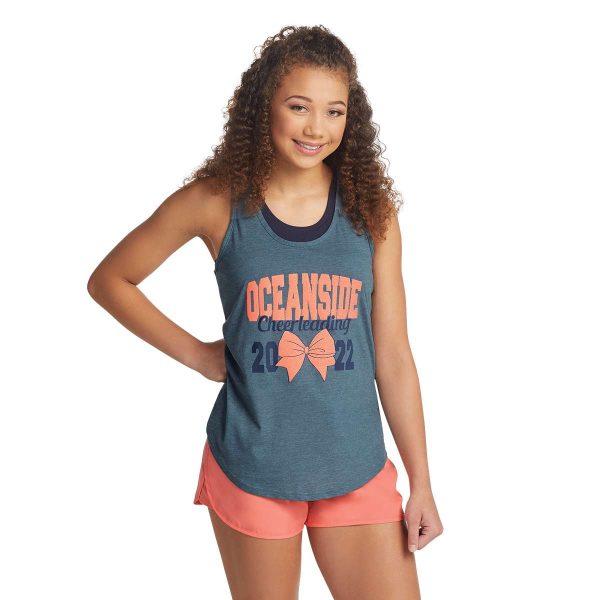 model posing in a decorated Augusta Lux Tri-Blend Tank, front view