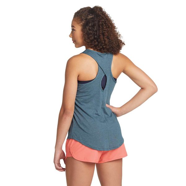 model posing in a dark grey Augusta Lux Tri-Blend Tank, back three-quarters view