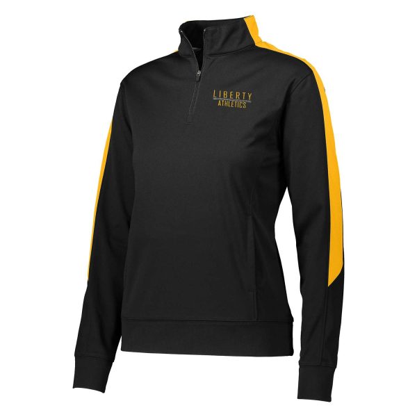 black and gold Augusta Women's Medalist 2.0 Pullover, front three-quarters view