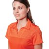 model posing in an orange Augusta Shadow Tonal Heather Polo, collar detail