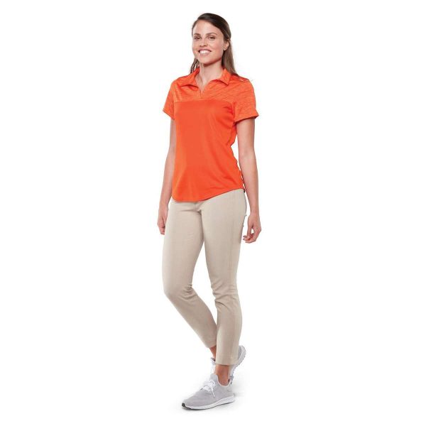 model posing in an orange Augusta Shadow Tonal Heather Polo, front three-quarters view