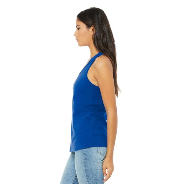 model wearing a blue purple Bella + Canvas Jersey Racerback Tank, side view