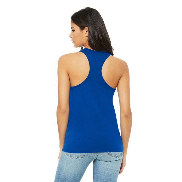 model wearing a blue purple Bella + Canvas Jersey Racerback Tank, back view