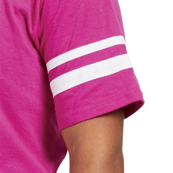 male model wearing power pink/white Augusta Sleeve Stripe Jerseys, sleeve detail