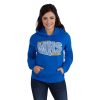 model posing in a blue Heavy Blend Hooded Sweatshirt, front view