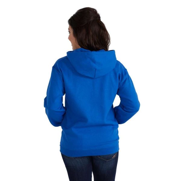 model posing in a blue Heavy Blend Hooded Sweatshirt, back view
