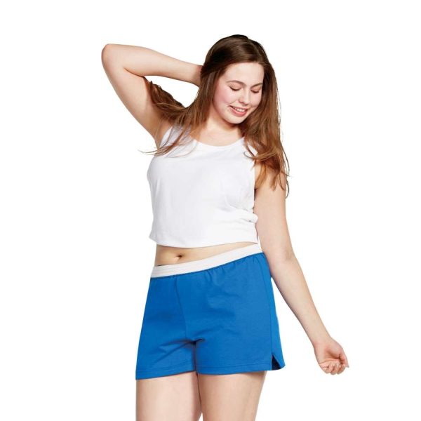 plus sized model wear royal blue Authentic Soffe Shorts with white waistband, front view