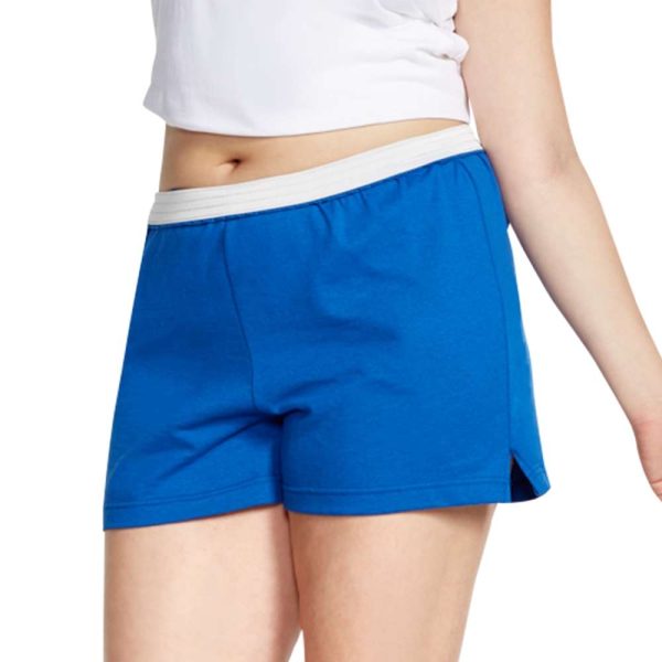plus sized model wear royal blue Authentic Soffe Shorts with white waistband, detail front view