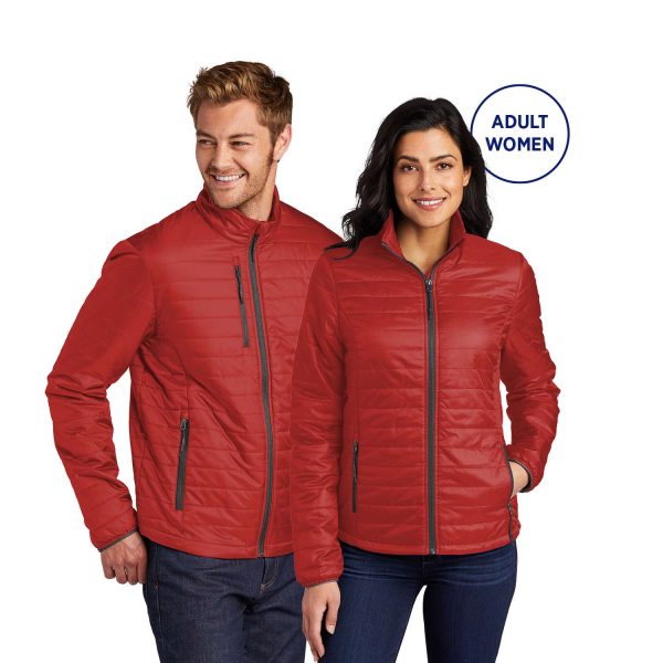 male and female models wearing a red Port Authority Packable Puffy Jacket, back view