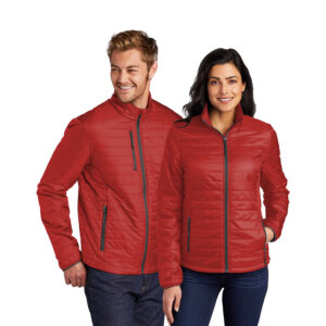 male and female models wearing a red Port Authority Packable Puffy Jacket, back view