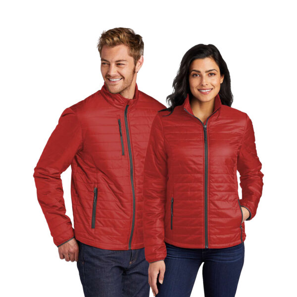 male and female models wearing a red Port Authority Packable Puffy Jacket, back view