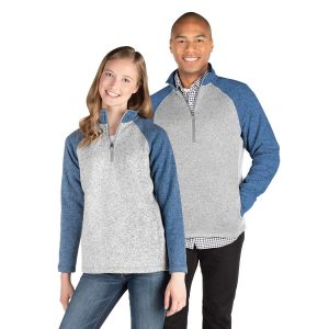 Male and female model posing in Charles River Blocked Heathered Fleece Quarter Zip jackets