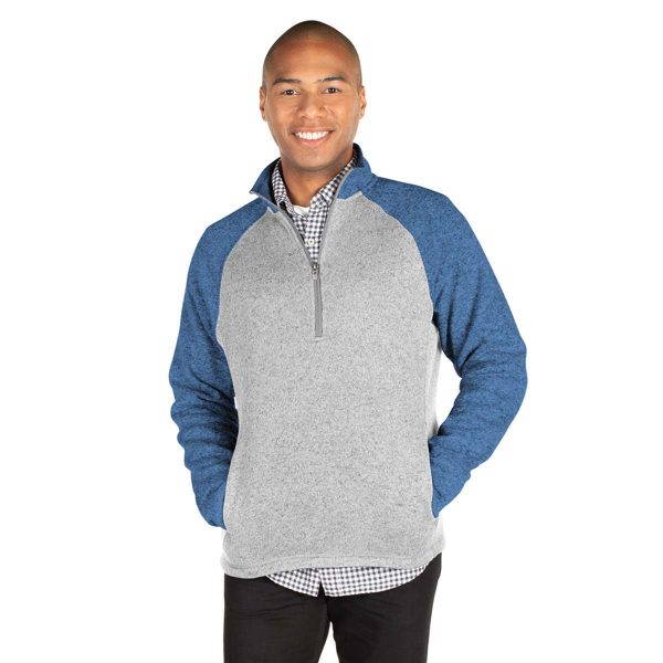 Male model wear Charles River Blocked Heathered Fleece Quarter Zip in blue/grey