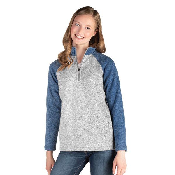 model wearing a Charles River Blocked Heathered Fleece Quarter Zip in blue/grey