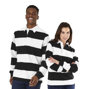 Male and female model posing in a black/white stripe Charles River Classic Rugby Shirt