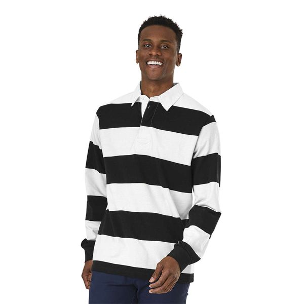 Male model posing in a black/white stripe Charles River Classic Rugby Shirt