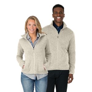Two models wearing Oatmeal Charles River Heathered Fleece Jacket, front view