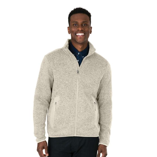 Male model wearing an Oatmeal Charles River Heathered Fleece Jacket, front view