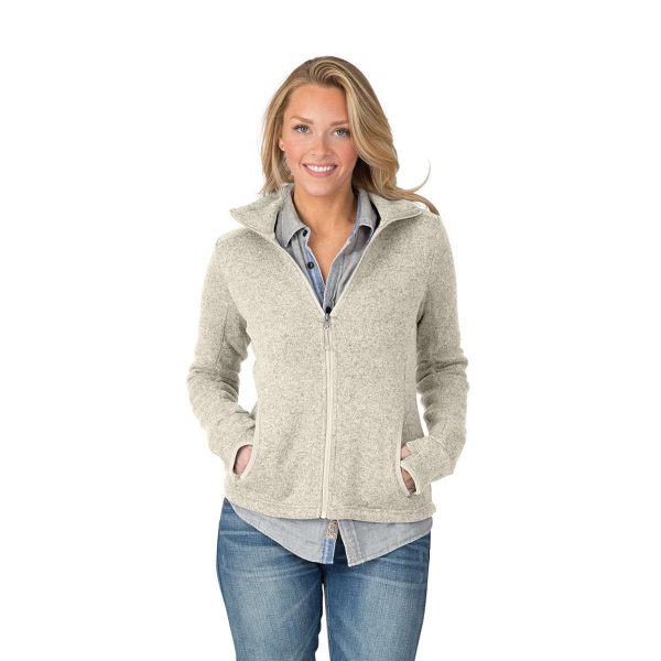 Model wearing an Oatmeal Charles River Heathered Fleece Jacket, front view