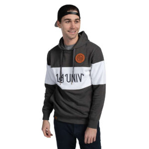 Model wearing a Carbon Heather/White Holloway All-American Hoodie, front view detail with decoration