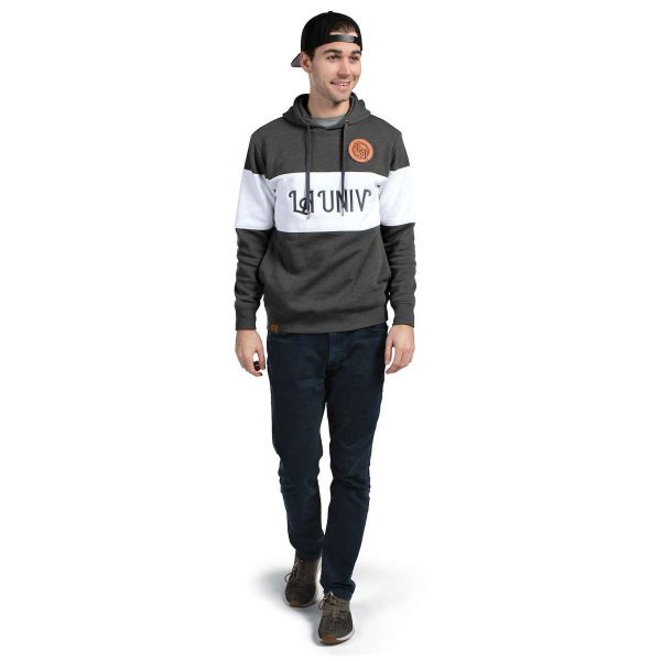Model wearing a Carbon Heather/White Holloway All-American Hoodie, front view with decoration