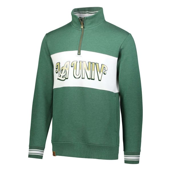 Dark Green Heather/White Holloway All-American Pullover, three-quarter view with custom decoration