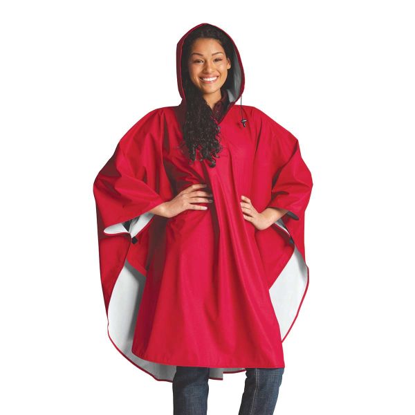female model, hand on her hips, in a red Charles River Pacific Poncho, hood up
