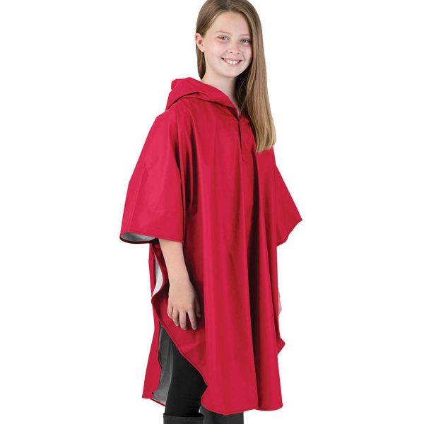 youth model wearing a red Charles River Pacific Poncho