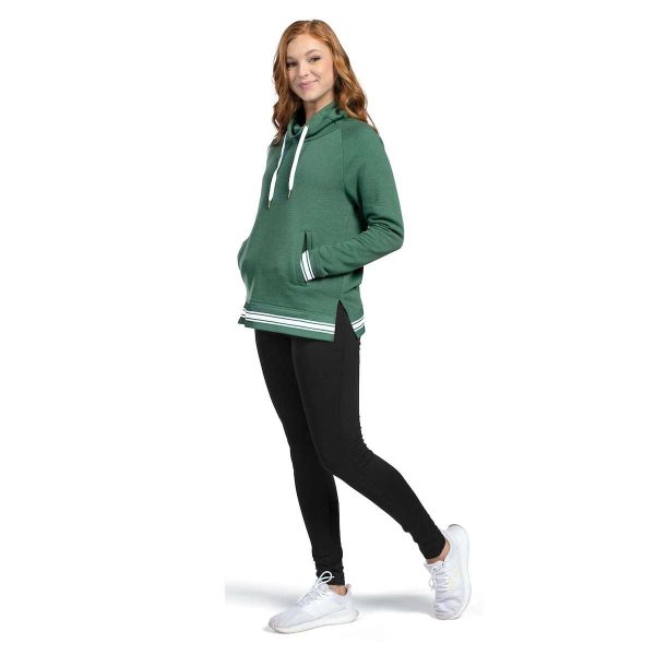 Model posing in a Dark Green Heather Holloway All-American Funnel Neck Pullover, three-quarters view