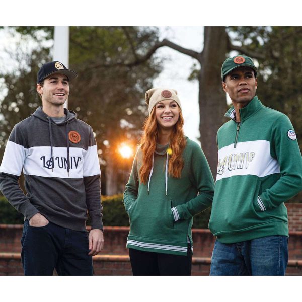 three people hanging out on a campus in the evening, one wearing a Dark Green Heather Holloway All-American Funnel Neck Pullover