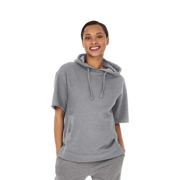 Female model wearing a grey heather Charles River Coaches Hoodie
