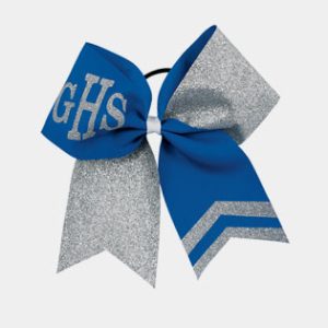 custom glitter cheerleading bow in blue and silver