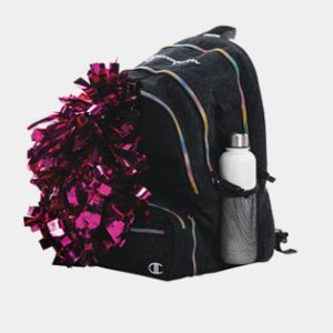 cheerleading backpack with a water bottle and pom poms.