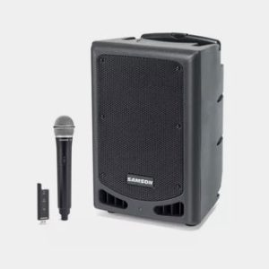 black portable PA System with a wireless microphone.