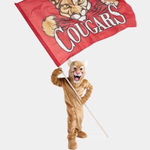 cougar mascot with a giant spirit flags.